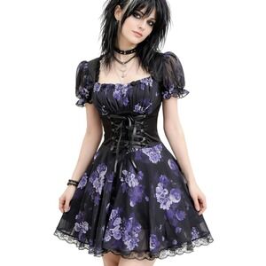 New Widow Women's Mini Dress Black Purple Floral Corset Puff Sleeve Size S